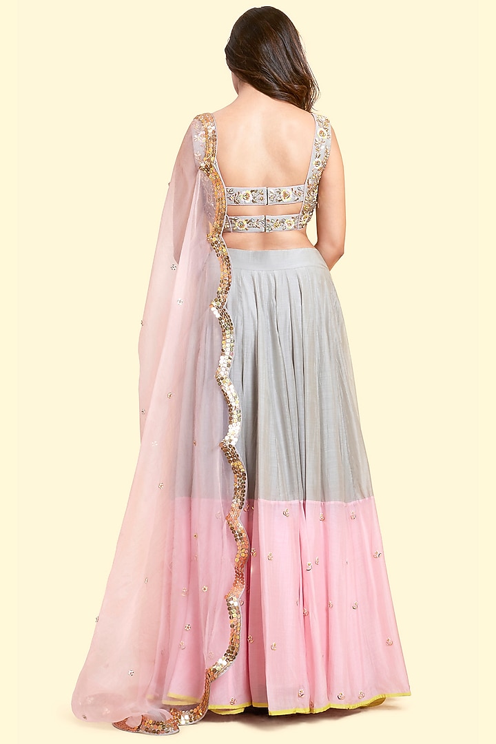 Grey & Blush Pink Silk Voile Wedding Lehenga Set by Salian By Anushree at Pernia's Pop Up Shop