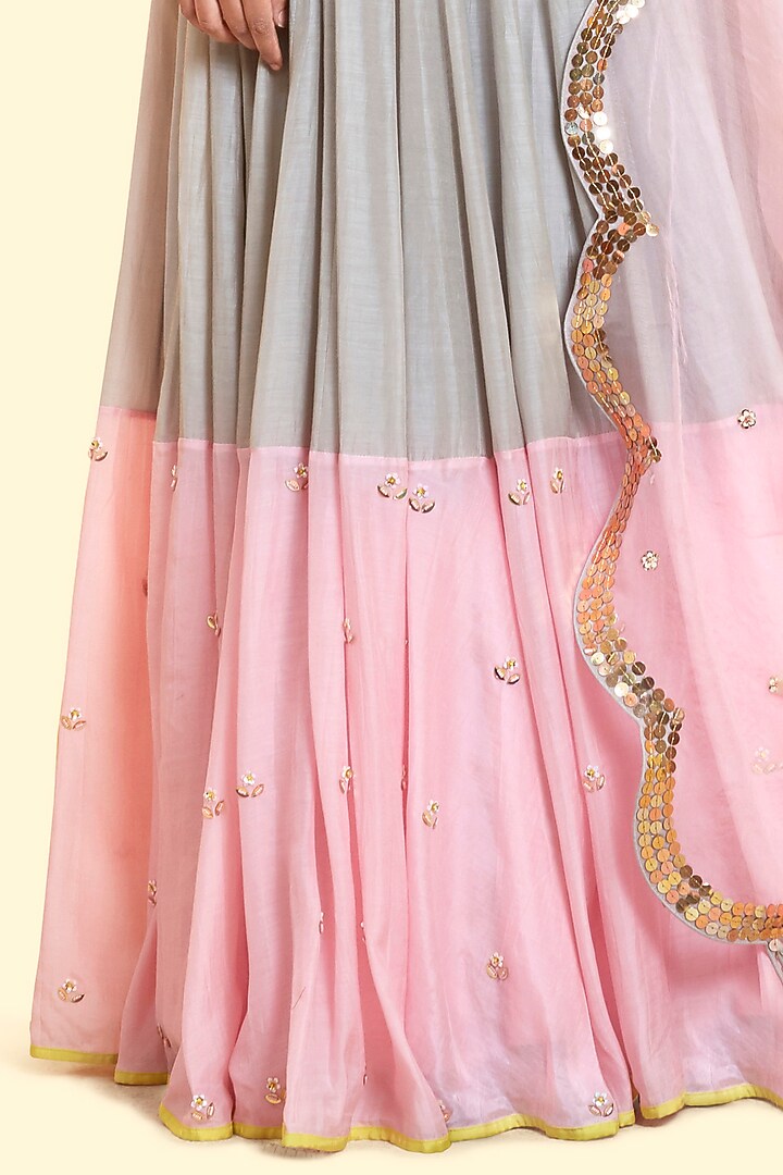 Grey & Blush Pink Silk Voile Wedding Lehenga Set by Salian By Anushree at Pernia's Pop Up Shop