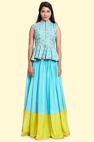 Aqua & Lime Silk Voile Lehenga Set by Salian By Anushree