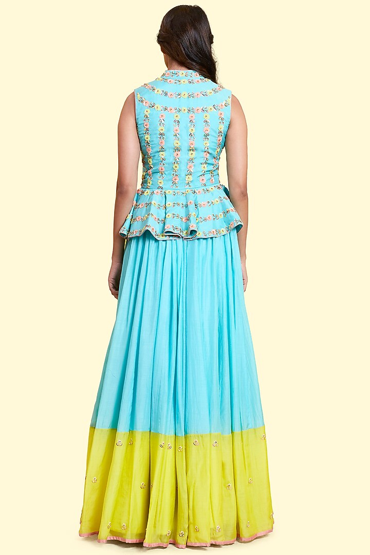 Aqua & Lime Silk Voile Wedding Lehenga Set by Salian By Anushree at Pernia's Pop Up Shop