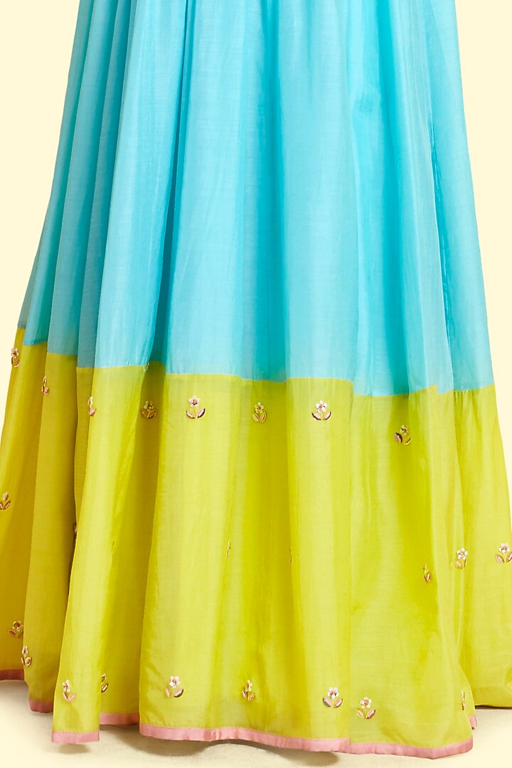 Aqua & Lime Silk Voile Wedding Lehenga Set by Salian By Anushree at Pernia's Pop Up Shop
