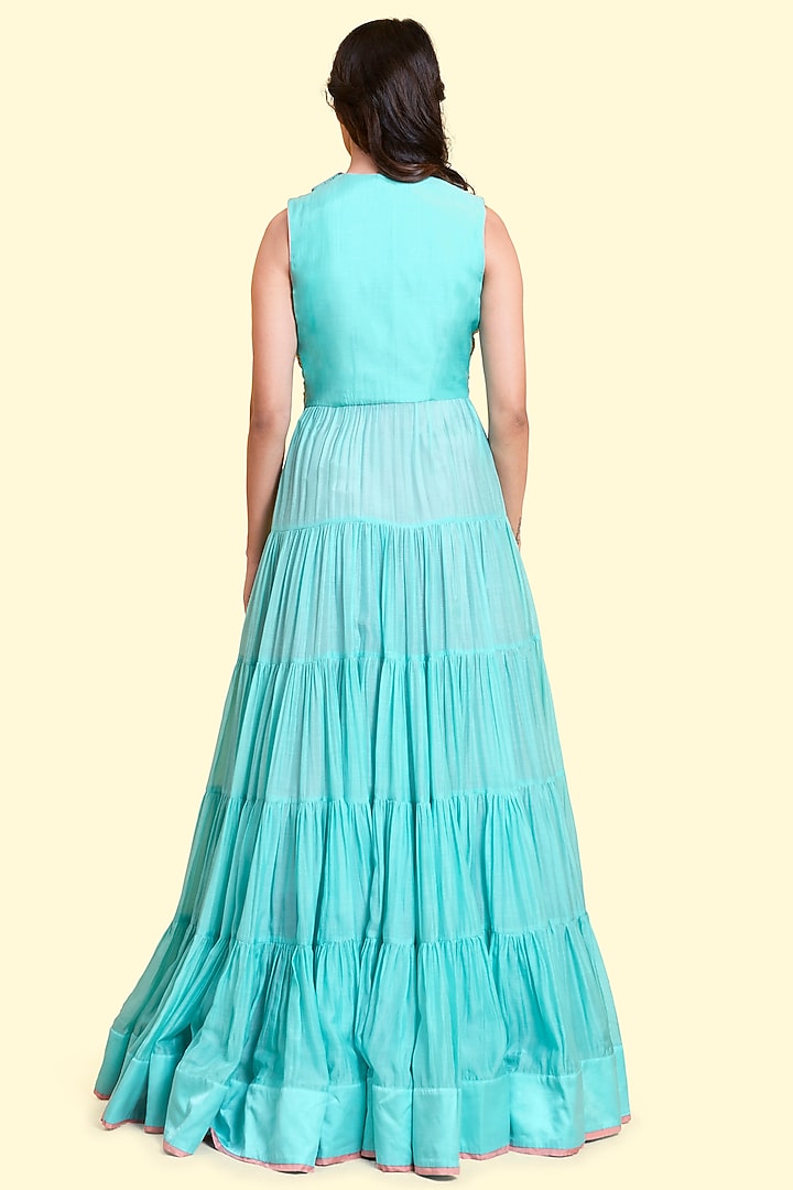 Coral & Aqua Jacket Lehenga Set by Salian By Anushree at Pernia's Pop Up Shop