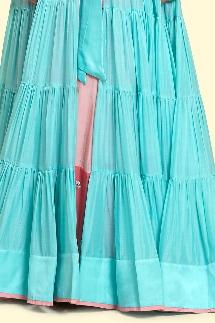 Coral & Aqua Jacket Lehenga Set by Salian By Anushree at Pernia's Pop Up Shop