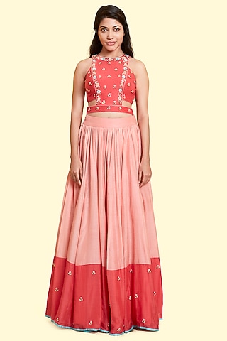 Peach & Coral Silk Voile Lehenga Set by Salian By Anushree