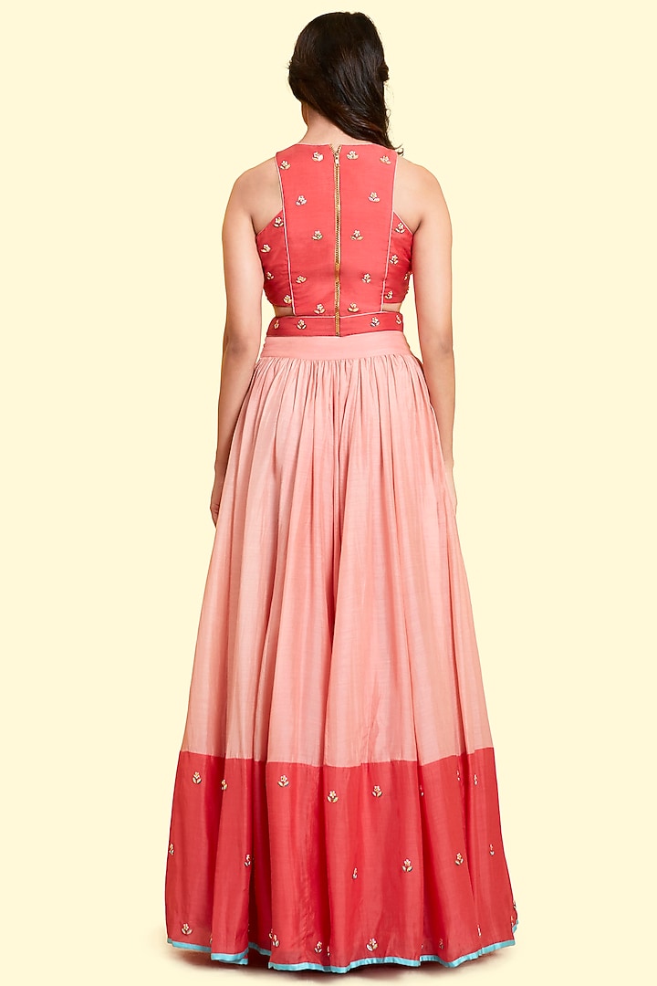 Peach & Coral Silk Voile Lehenga Set by Salian By Anushree at Pernia's Pop Up Shop