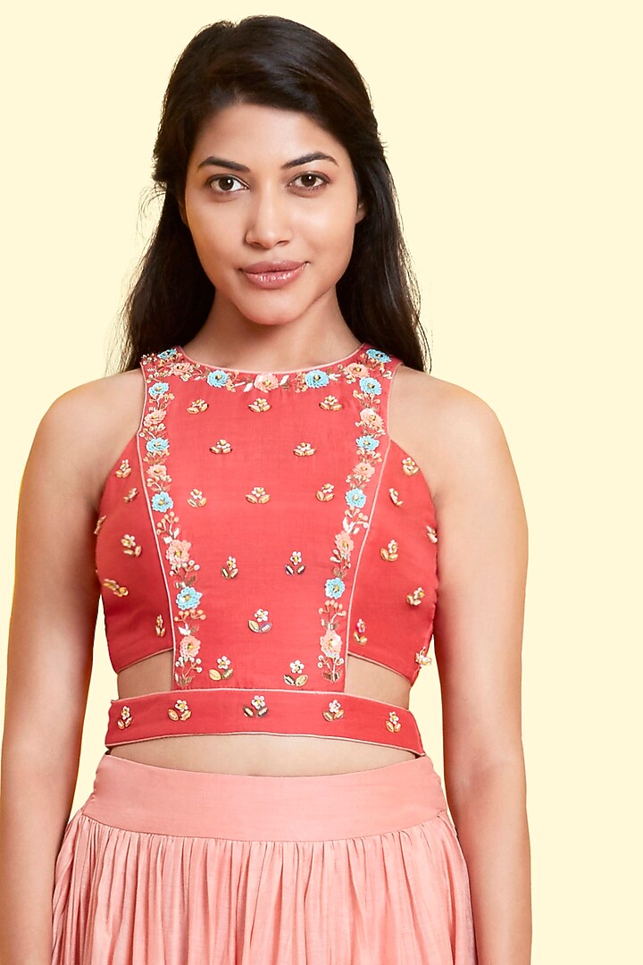 Peach & Coral Silk Voile Lehenga Set by Salian By Anushree at Pernia's Pop Up Shop
