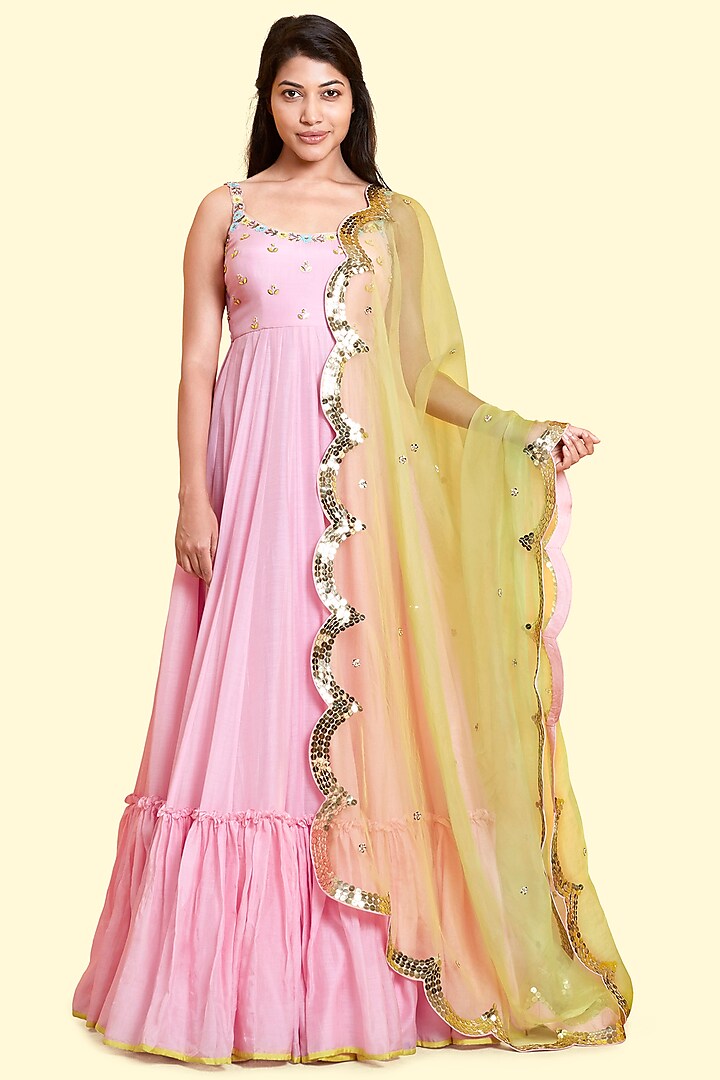 Pink Silk Voile Anarkali Gown by Salian By Anushree