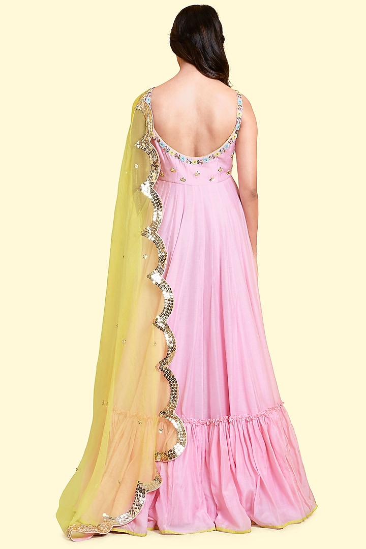 Pink Silk Voile Anarkali Engagement Gown by Salian By Anushree at Pernia's Pop Up Shop