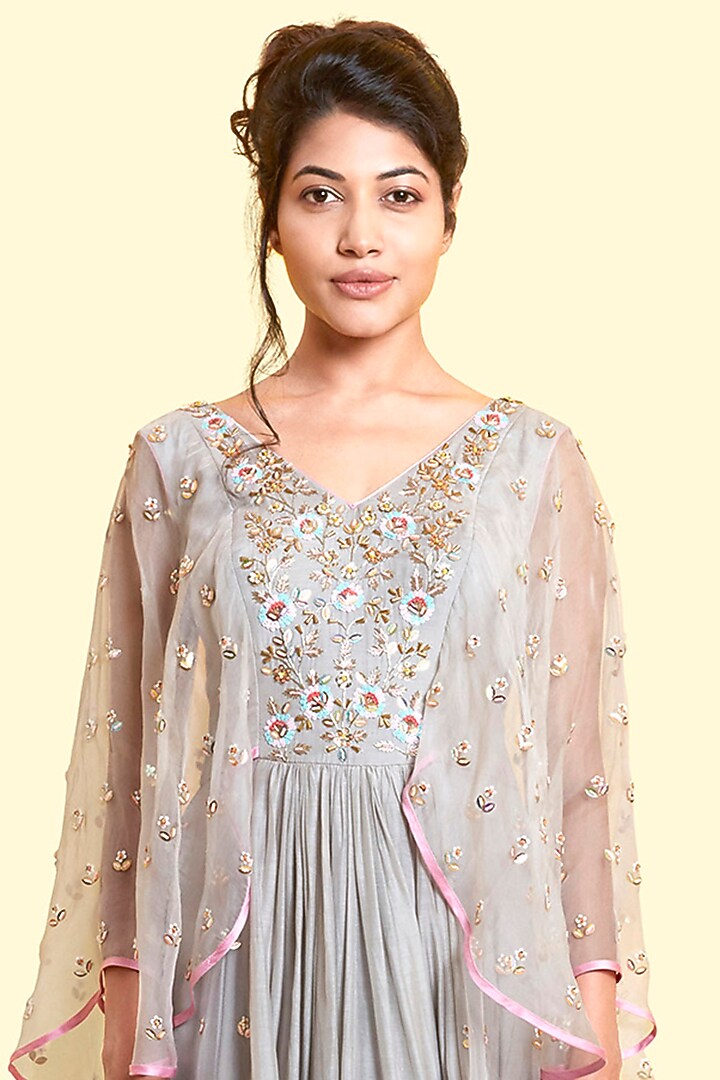 Grey Anarkali Engagement Gown by Salian By Anushree at Pernia's Pop Up Shop