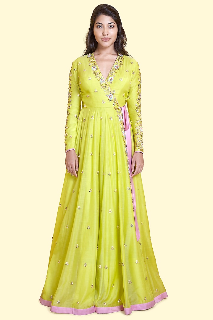 Lime Silk Voile Anarkali Gown by Salian By Anushree