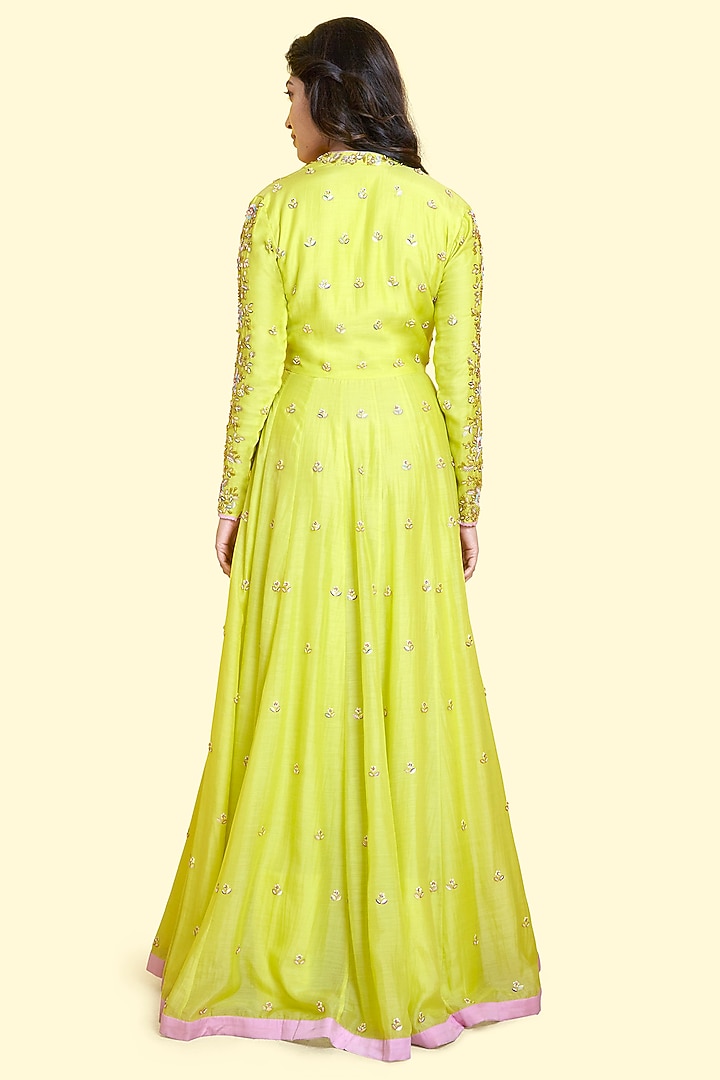 Lime Silk Voile Anarkali Engagement Gown by Salian By Anushree at Pernia's Pop Up Shop