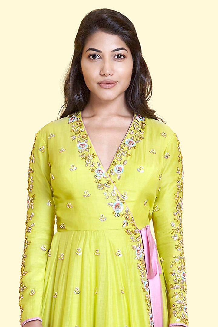 Lime Silk Voile Anarkali Engagement Gown by Salian By Anushree at Pernia's Pop Up Shop