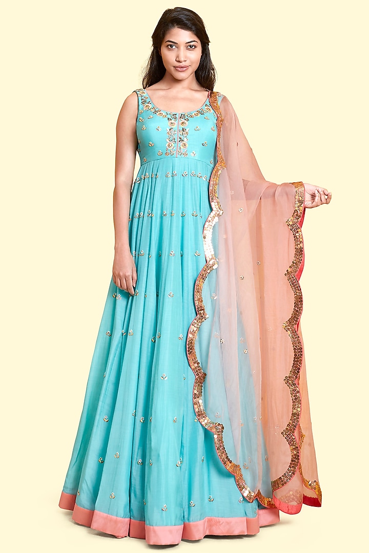 Aqua Silk Voile Anarkali Gown by Salian By Anushree