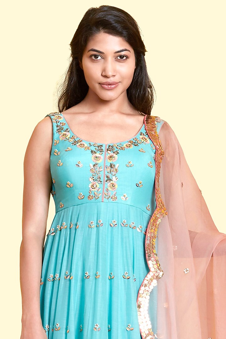 Aqua Silk Voile Anarkali Engagement Gown by Salian By Anushree at Pernia's Pop Up Shop