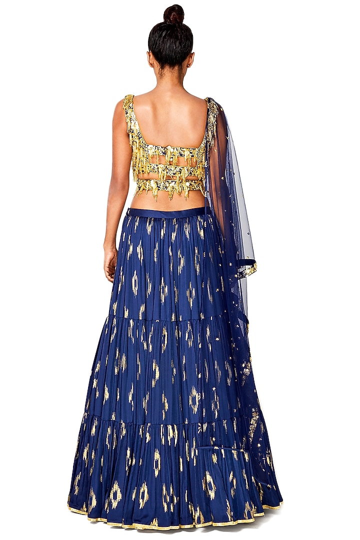 Dark Blue Hand Embroidered Tiered Wedding Lehenga Set by Salian by Anushree at Pernia's Pop Up Shop