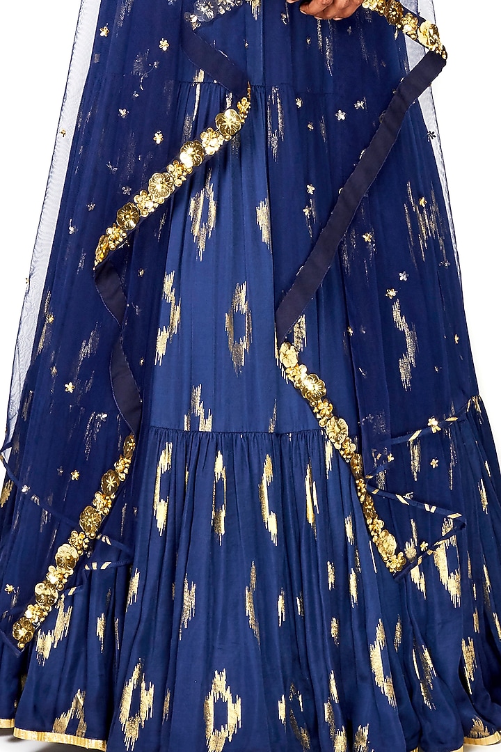 Dark Blue Hand Embroidered Tiered Wedding Lehenga Set by Salian by Anushree at Pernia's Pop Up Shop