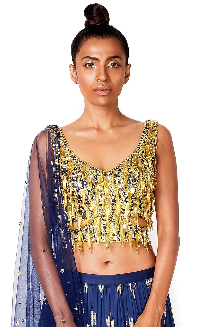 Dark Blue Hand Embroidered Tiered Wedding Lehenga Set by Salian by Anushree at Pernia's Pop Up Shop