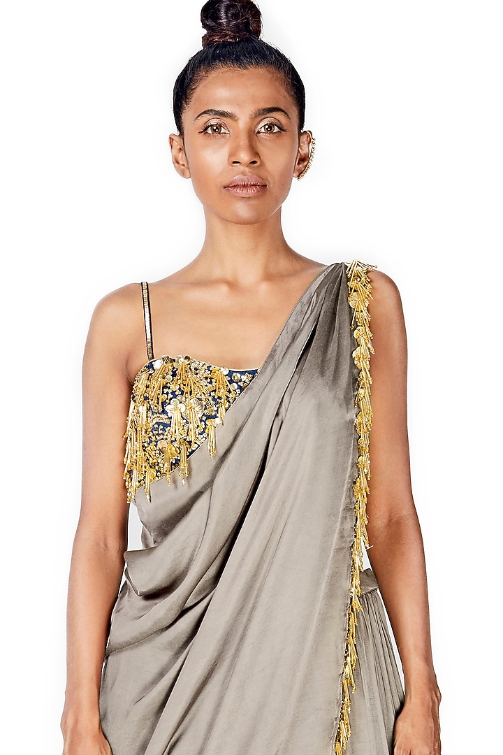Silver Hand Embroidered Gathered Wedding Lehenga Set by Salian by Anushree at Pernia's Pop Up Shop