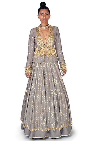 Silver Hand Embroidered Jacket Lehenga Set by Salian by Anushree