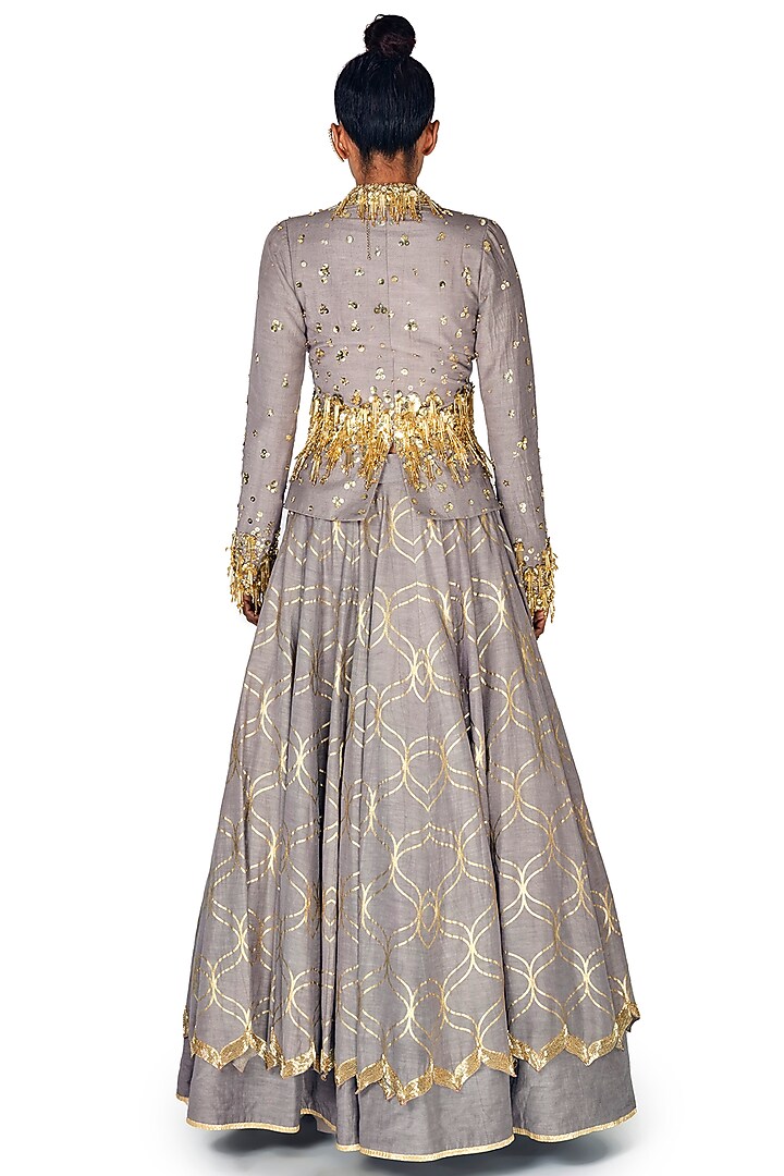 Silver Hand Embroidered Jacket Wedding Lehenga Set by Salian by Anushree at Pernia's Pop Up Shop