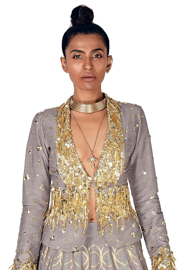 Silver Hand Embroidered Jacket Wedding Lehenga Set by Salian by Anushree at Pernia's Pop Up Shop