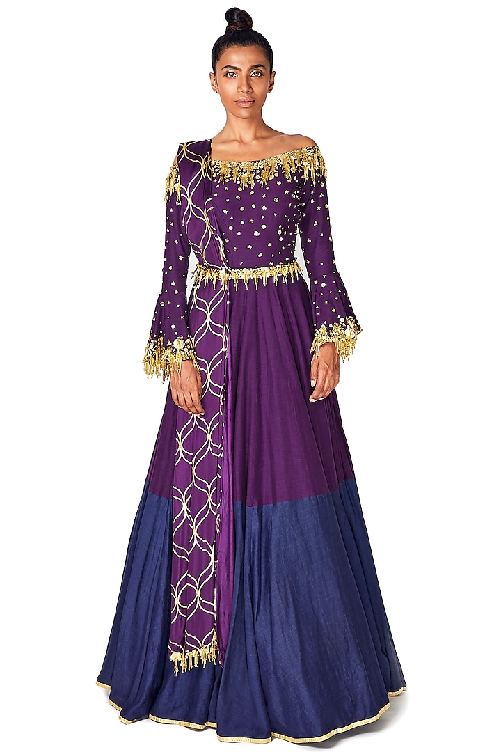 Purple & Dark Blue Hand Embroidered Gown With Dupatta by Salian by Anushree
