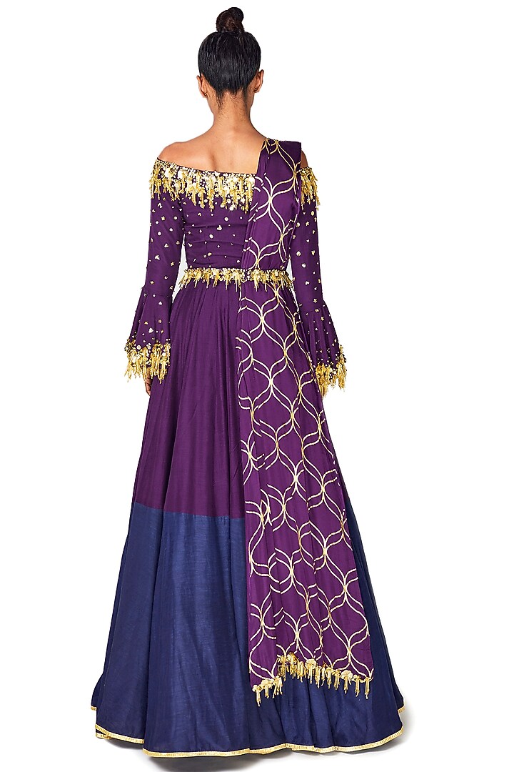 Purple & Dark Blue Hand Embroidered Engagement Gown With Dupatta by Salian by Anushree at Pernia's Pop Up Shop