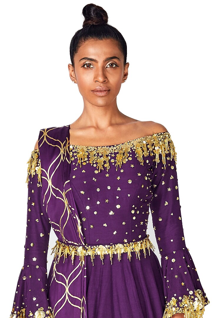 Purple & Dark Blue Hand Embroidered Engagement Gown With Dupatta by Salian by Anushree at Pernia's Pop Up Shop