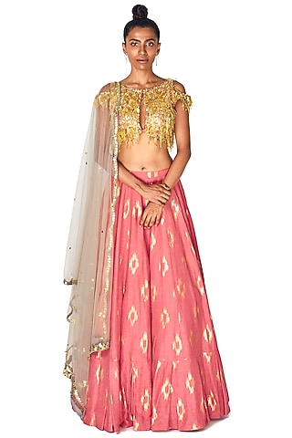 Shell Pink Foil Printed Box-Pleated Lehenga Set by Salian by Anushree