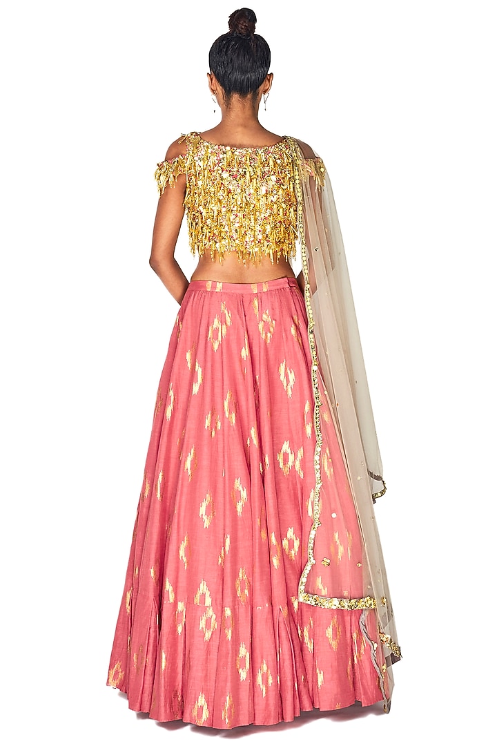 Shell Pink Foil Printed Box-Pleated Wedding Lehenga Set by Salian by Anushree at Pernia's Pop Up Shop