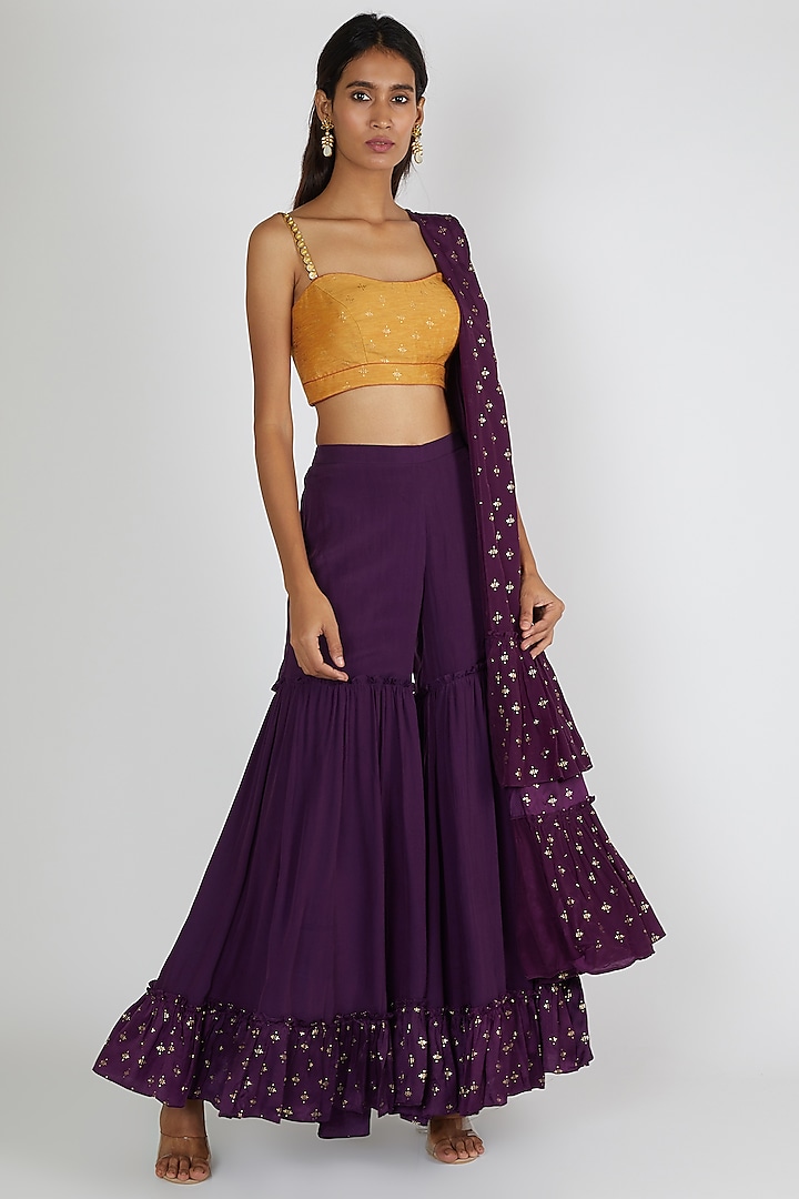 Yellow & Purple Embroidered Gharara Set by Salian By Anushree at Pernia's Pop Up Shop
