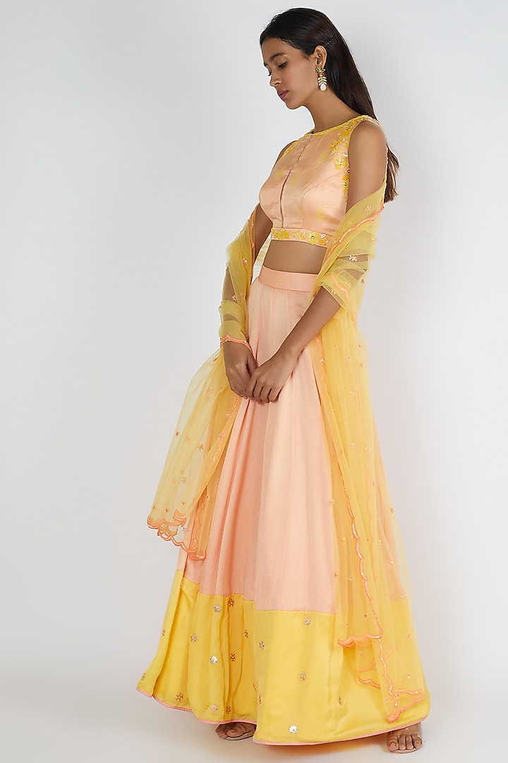 Peach & Yellow Embroidered Lehenga Set by Salian By Anushree