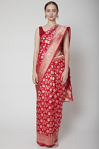 Red Handwoven Jaal Saree Set by Shanti Banaras