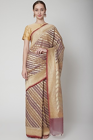 Beige Hand Dyed Saree Set by Shanti Banaras