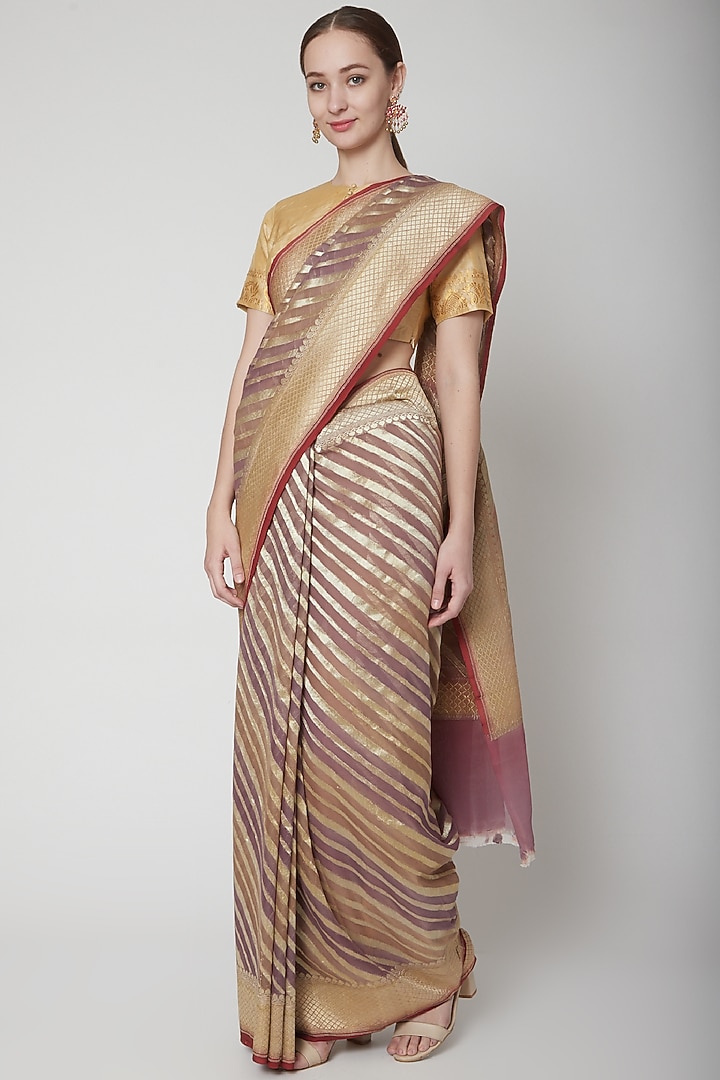 Beige Hand Dyed Party Wear Saree Set by Shanti Banaras at Pernia's Pop Up Shop