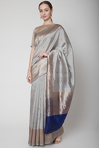 Grey Zari Woven Saree by Shanti Banaras