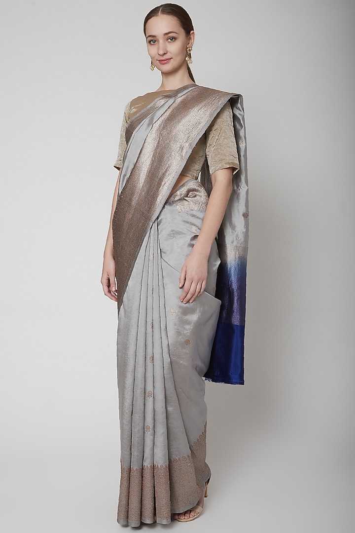 Grey Zari Woven Festive Saree by Shanti Banaras at Pernia's Pop Up Shop