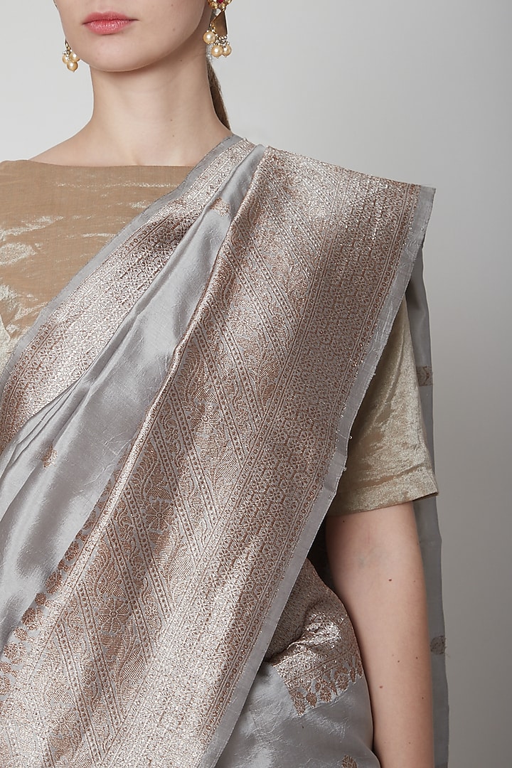 Grey Zari Woven Festive Saree by Shanti Banaras at Pernia's Pop Up Shop