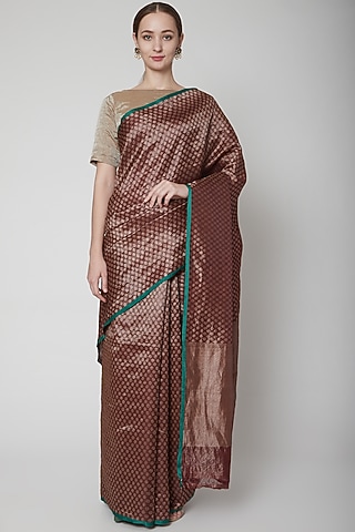 Wine Zari Butti Saree Set by Shanti Banaras