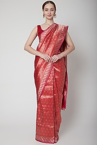Red & Golden Zari Saree Set by Shanti Banaras