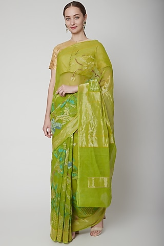 Mint Green Handwoven Kadwa Saree Set by Shanti Banaras