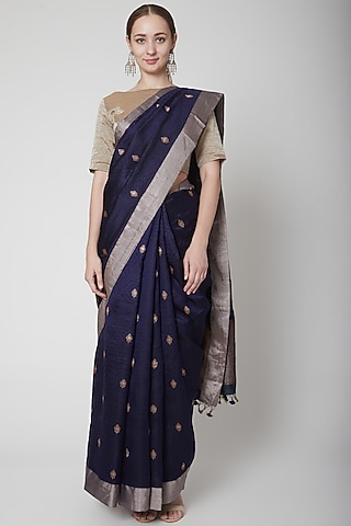 Cobalt Blue Saree Set With Zari Border by Shanti Banaras