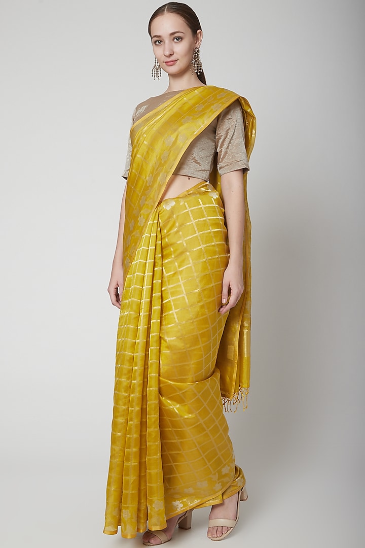 Yellow & Gold Zari Saree Set by Shanti Banaras