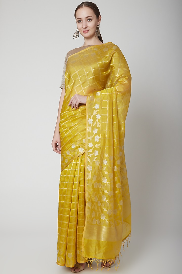 Yellow & Gold Zari Party Wear Saree Set by Shanti Banaras at Pernia's Pop Up Shop