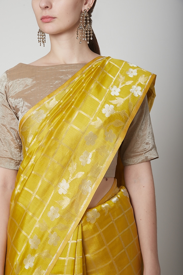 Yellow & Gold Zari Party Wear Saree Set by Shanti Banaras at Pernia's Pop Up Shop