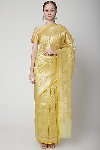 Yellow Geometric Cutwork Saree Set by Shanti Banaras