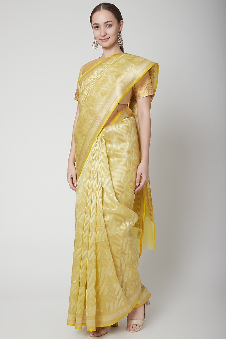 Yellow Geometric Cutwork Festive Saree Set by Shanti Banaras at Pernia's Pop Up Shop