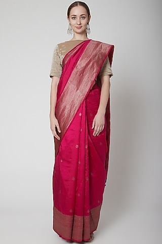 Pink Saree Set With Big Border by Shanti Banaras