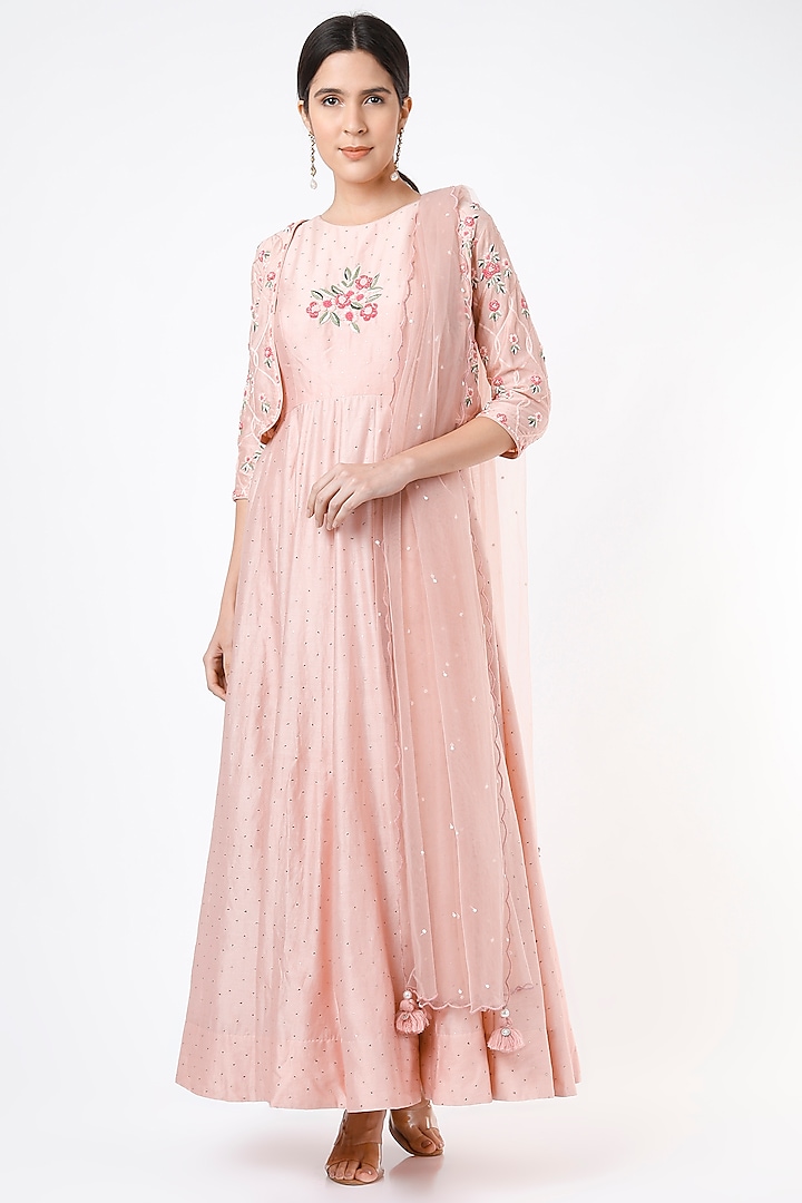 Blush Pink Embroidered Anarkali Set by Label Sonia Bansal