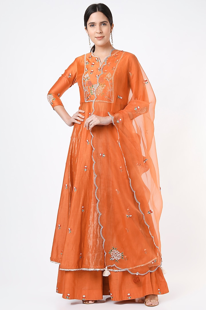 Orange Embroidered Anarkali Set by Label Sonia Bansal